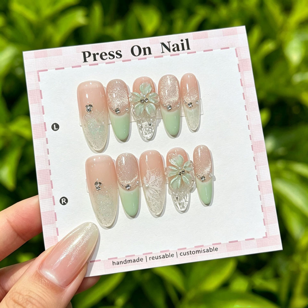Artistic Press-On Nail Set with Floral and Patterned Designs