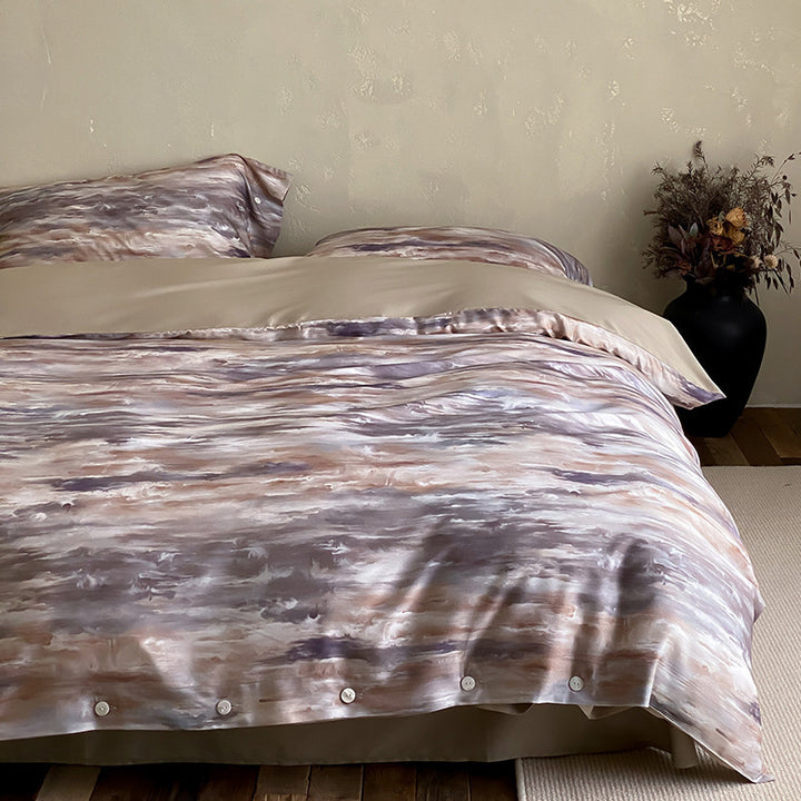 Premium cotton satin duvet cover set with floral jacquard relief and button closure