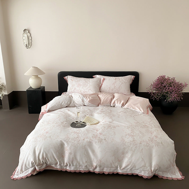 Satin bedding set with butterfly pattern and lace edge