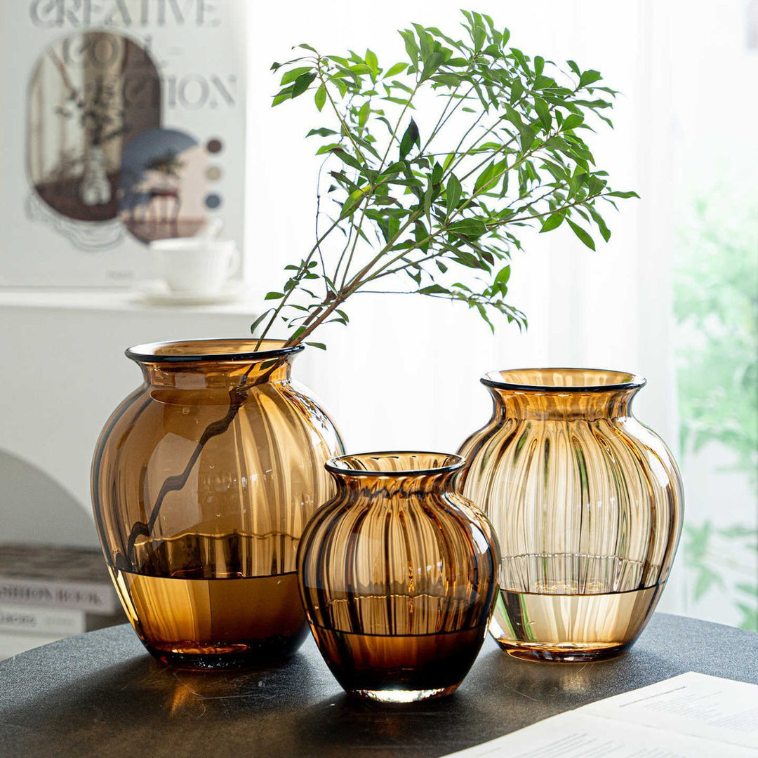 Handblown Ribbed Smoky Glass Bulb Vase with Narrow Neck Kalsten