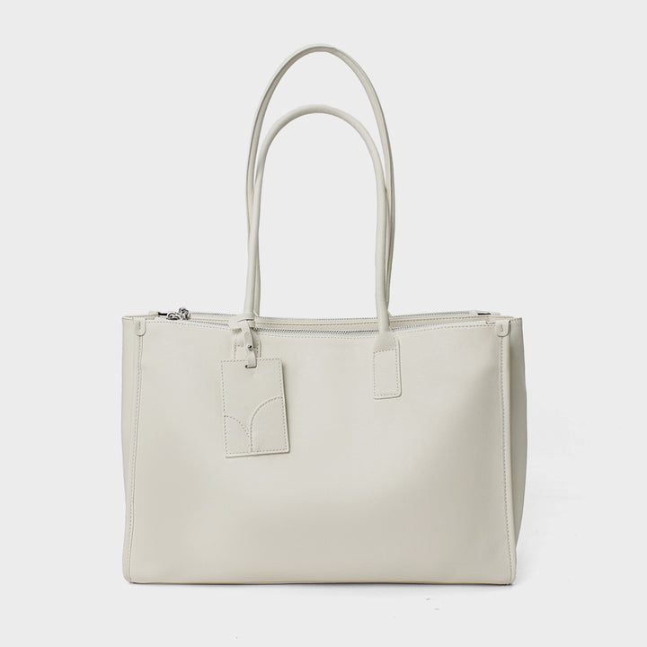 Smooth Vegan Leather Structured Top-Zip Tote with Double Rolled Handles and Luggage Tag