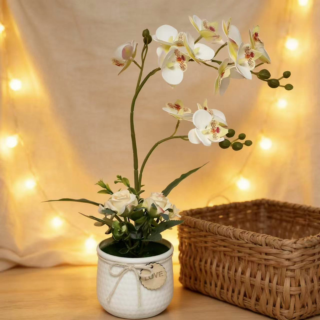 Lifelike Orchid and Rose Floral Arrangement