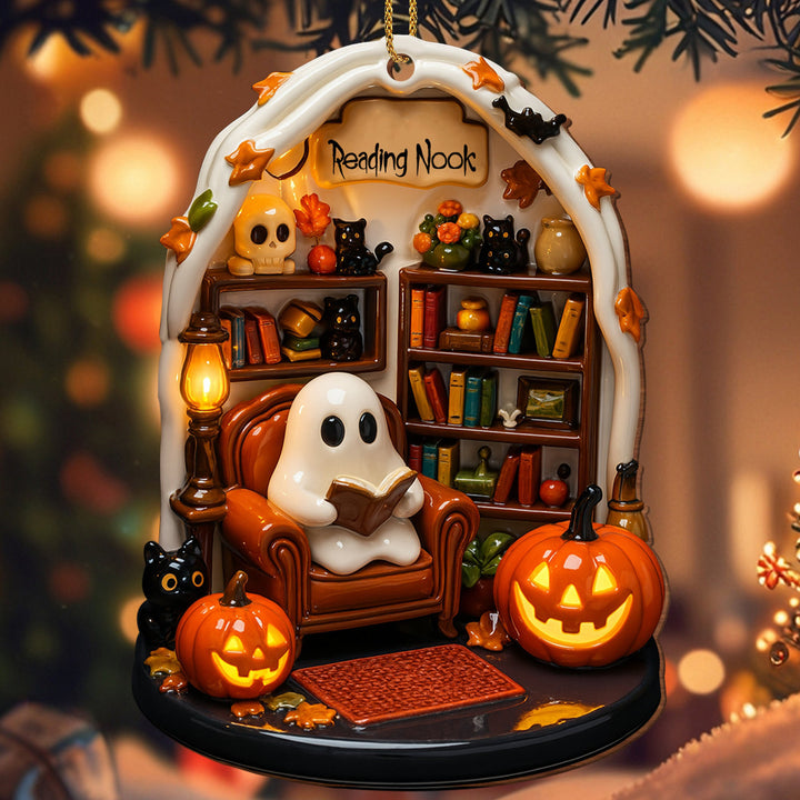 Hanging Halloween decoration pendant made of resin with ghost knitting and LED lighting