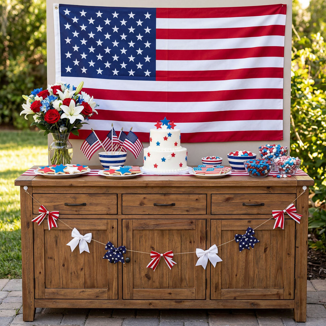 Unisex nan decorative fabric bow garland with jute twine and assorted striped star bows Kalsten