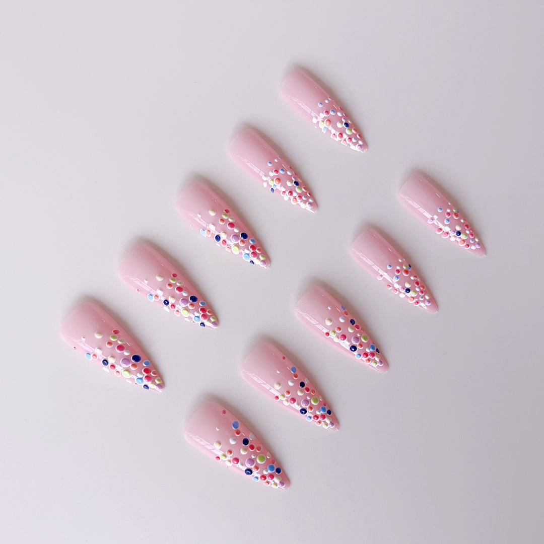 Acrylic nail set with colorful glitter dots and elegant tips Kalsten