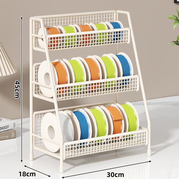 Angled Multi-Tier Spool and Tape Storage Rack with Wire Mesh Baskets
