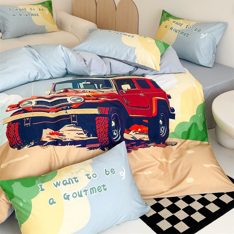 Children's bedding set with off-road jeep adventure illustration and soft cotton mix