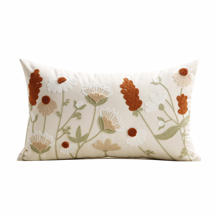 Hand-Embroidered Meadow Motif Linen-Blend Lumbar Cushion Cover