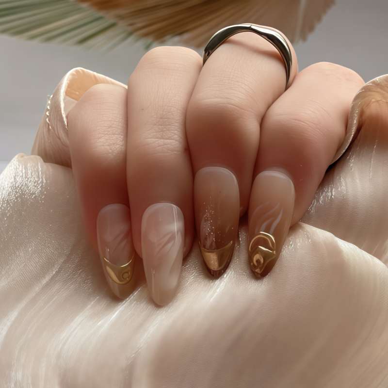 Artistic Press-On Nail Set with Gold and Floral Accents Kalsten