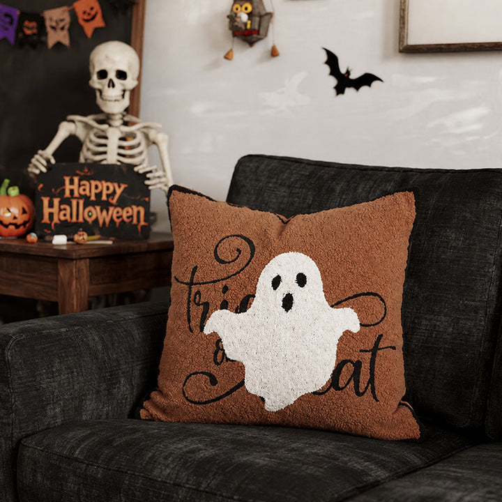 Square Decorative Pillow with Embroidered Halloween Ghost and Boucle Surface Kalsten