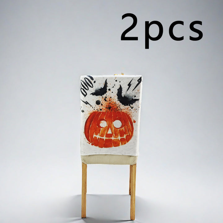 Stretch chair back cover with detailed pumpkin watercolor print and bat accents