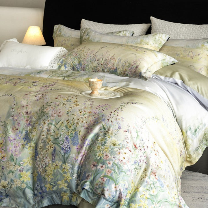 Silk-gloss satin bed linen set with watercolored meadow flower print and concealed zipper