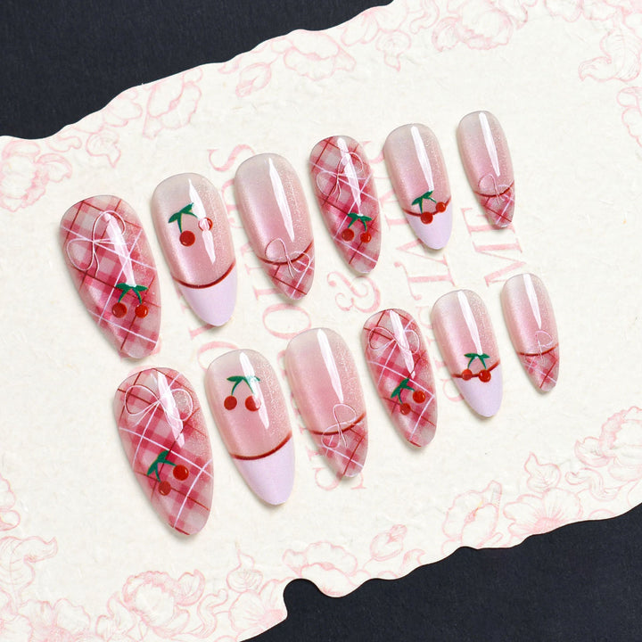 Artistic Press-On Nail Set with Cherry Blossom Design Kalsten