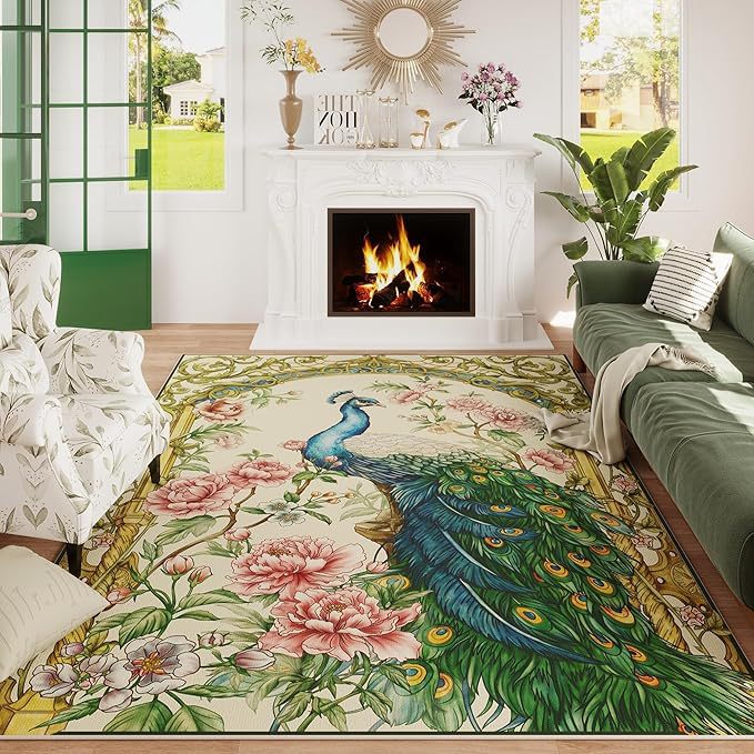 Ornamental Peacock Design Area Rug Kalsten