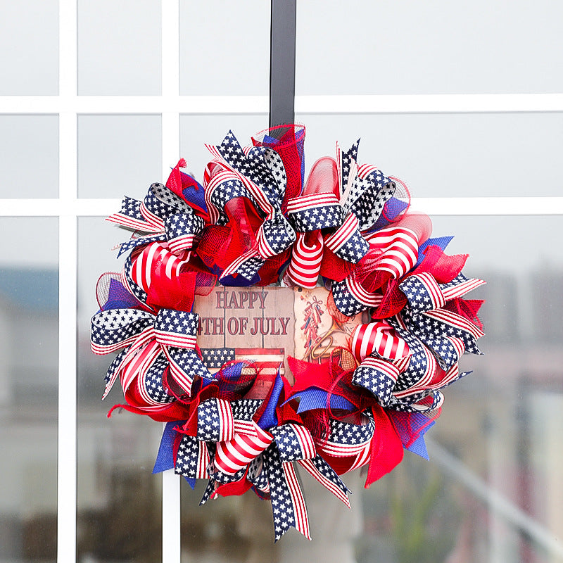 Unisex nan patriotic Americana fabric and wood door wreath with ribbon bows Kalsten