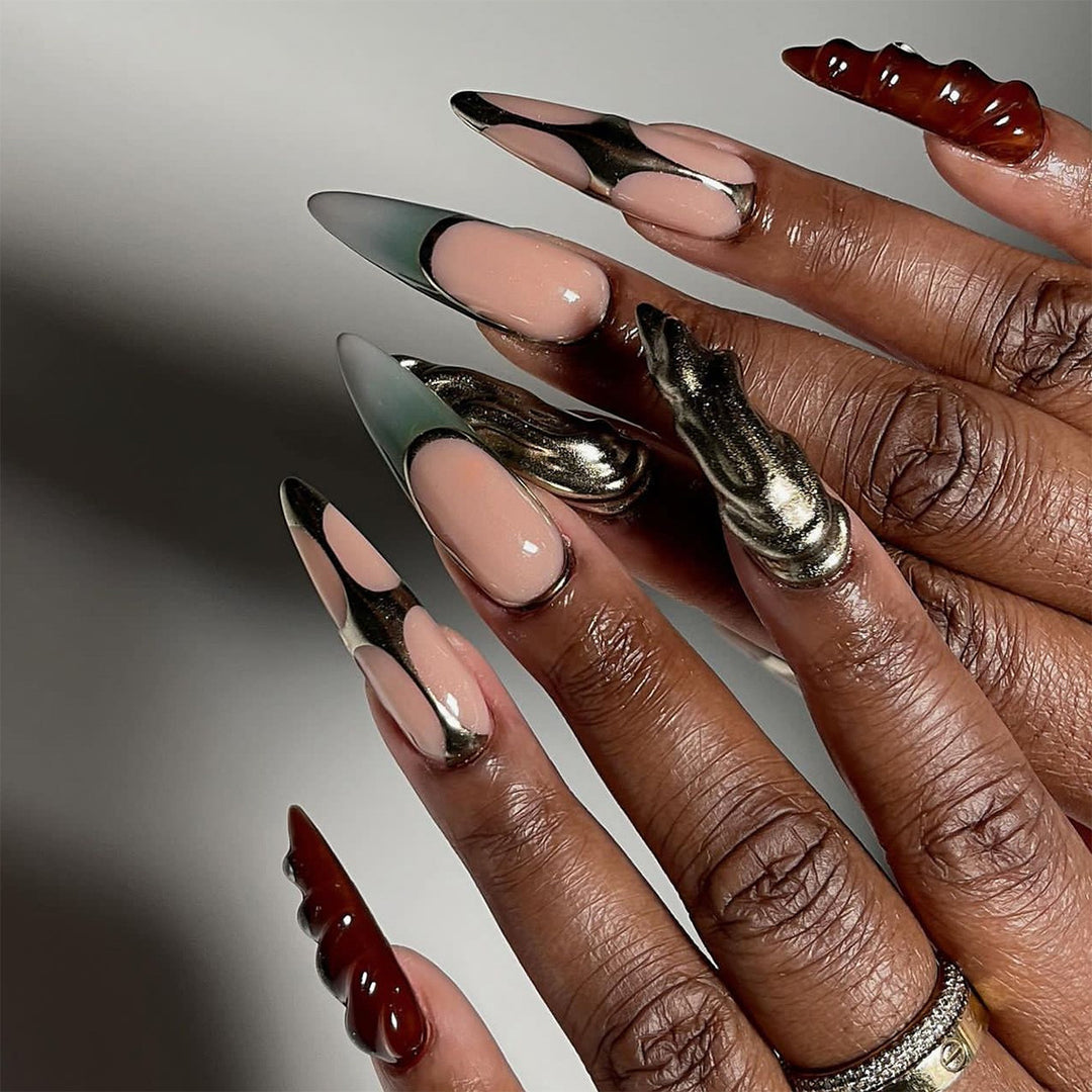 Artistic Stiletto Nails with Glitter and Metallic Effects Kalsten