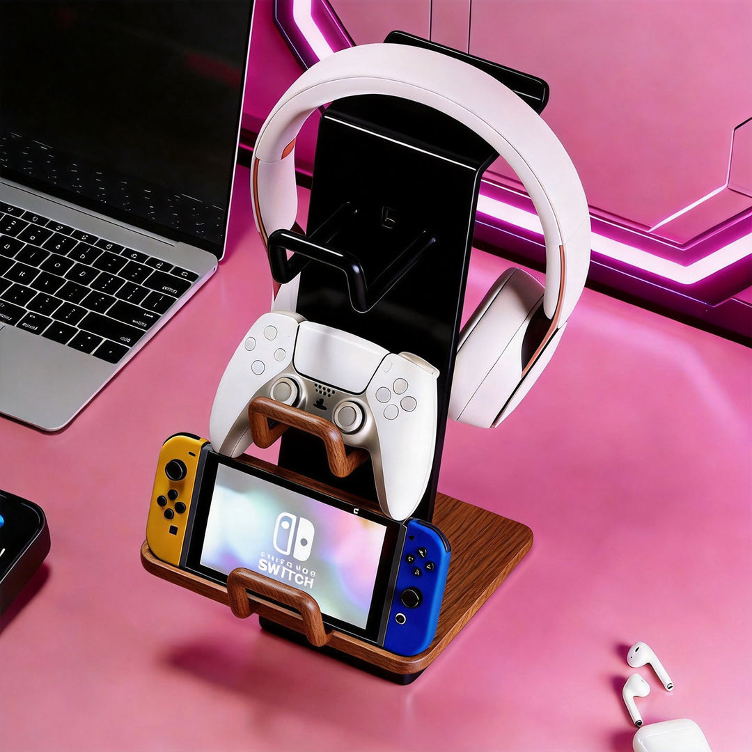 Multi-Device Gaming Headset and Controller Stand with Docking Cradle