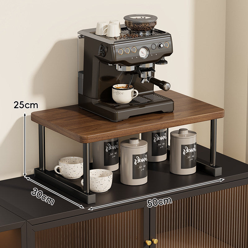 Two-Tier Countertop Coffee Station Shelf Riser with Walnut Top and Metal Frame