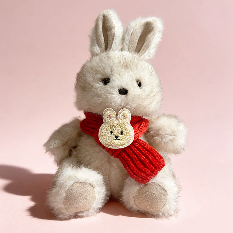 Plush Sitting Bunny Comforter Toy with Ultra-Soft Faux Fur, Embroidered Face and Knit Scarf Kalsten