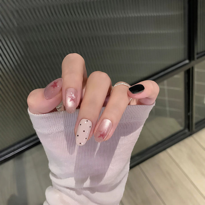 Elegant Decorative Press-On Nail Set with Star and Polka Dot Patterns Kalsten