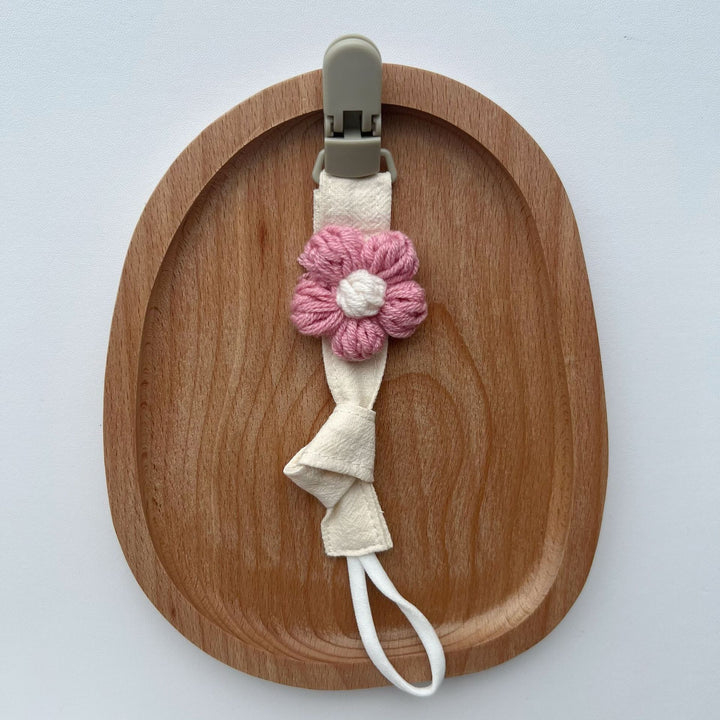 Handmade Cotton Pacifier Clip with Gingham Strap and Knitted Flower