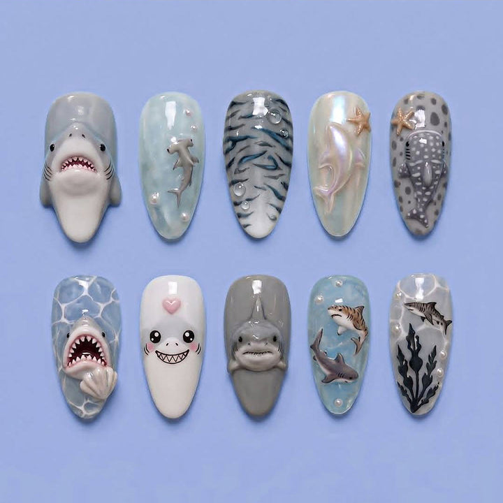 Whimsical Shark-Themed Press-On Nail Art Set