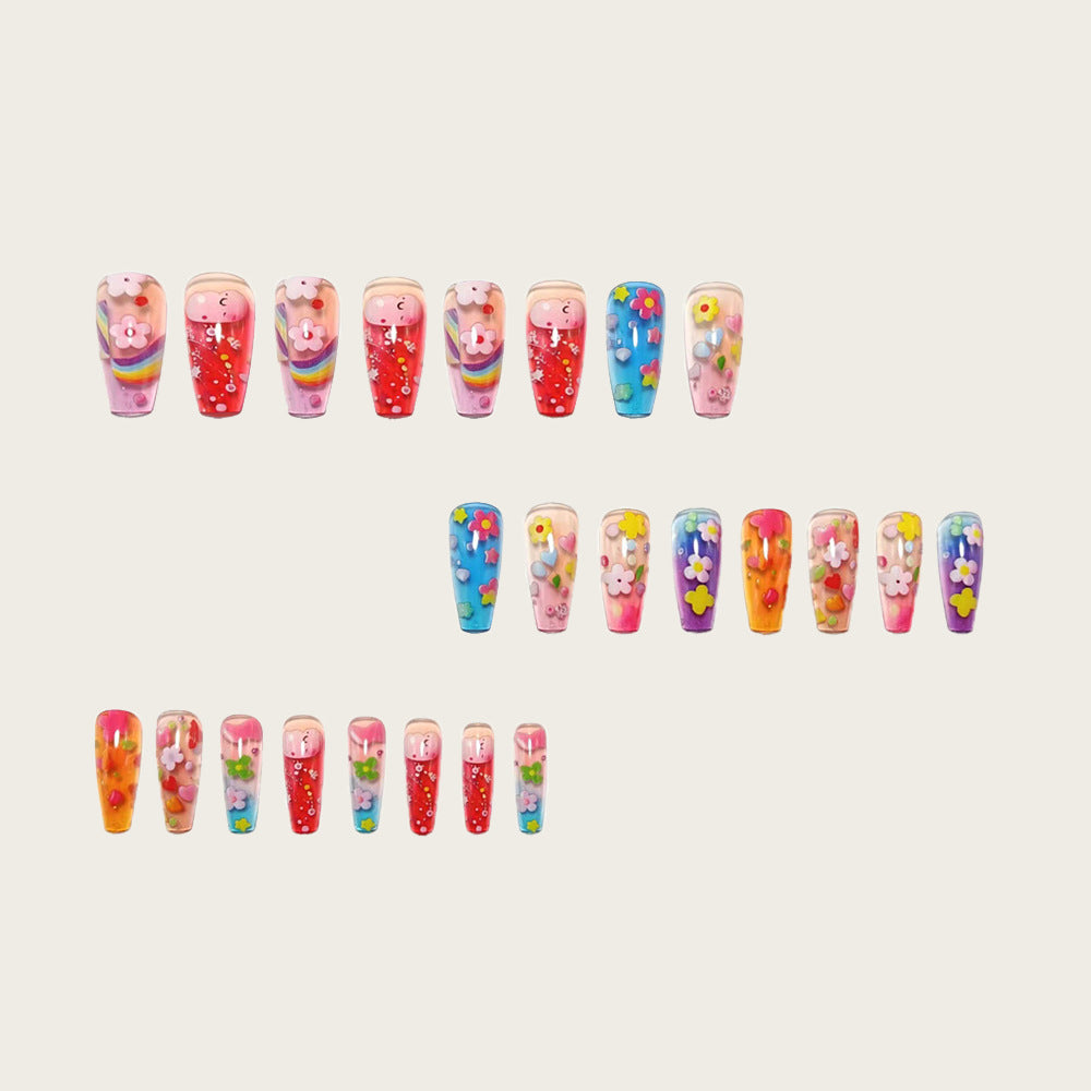 Artificial nails with colorful floral designs and 3D details Kalsten