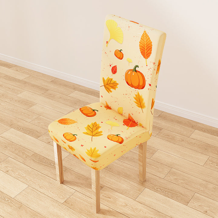 Stretch chair cover with autumn pumpkin and leaf design