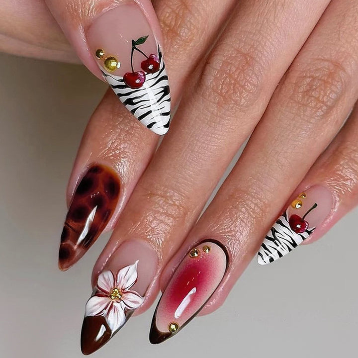 Artistic Press-On Nail Set with Floral and Pattern Designs kalsten