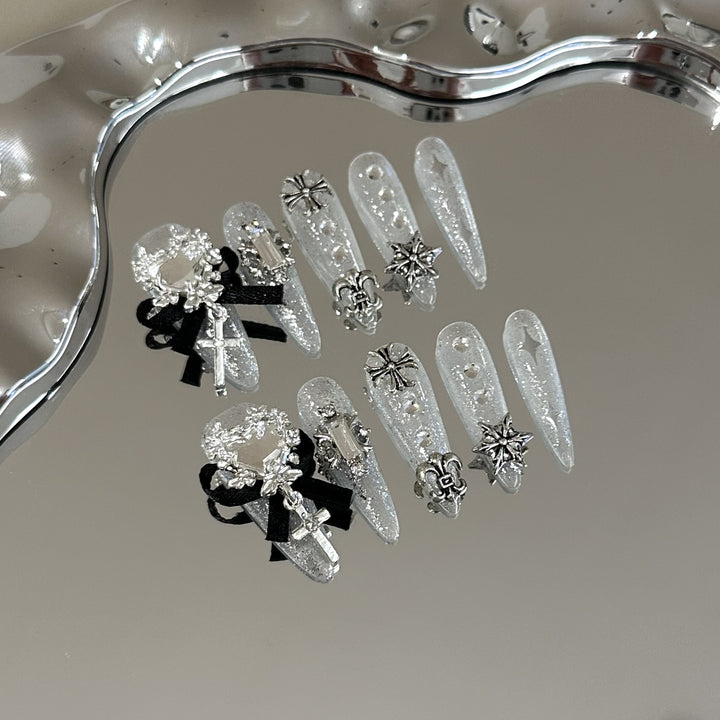 Decorative Press-On Nail Art Set with Gemstone and Rhinestone Accents