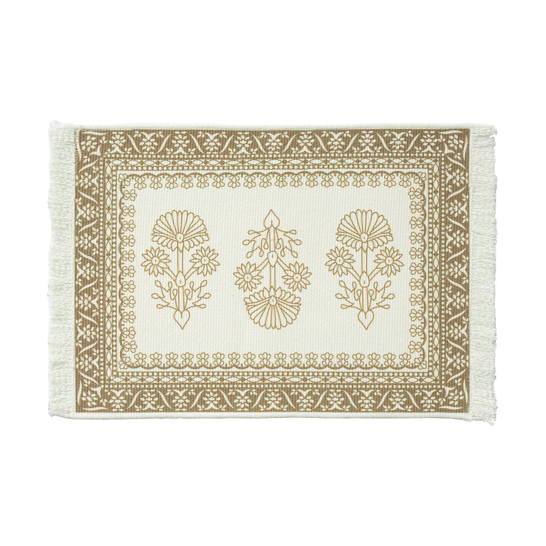 Round handmade woven decorative rug with fringes and botanical pattern Kalsten