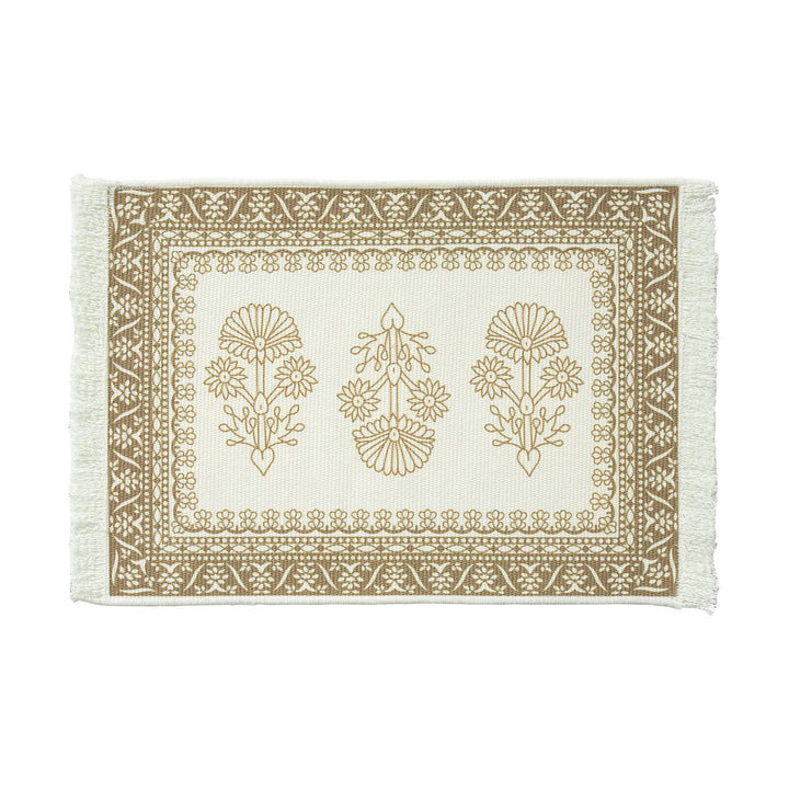 Round handmade woven decorative rug with fringes and botanical pattern Kalsten