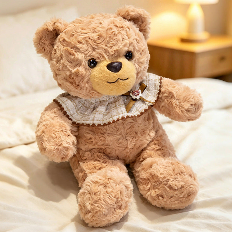 Curly-Fur Teddy Bear with Ruffled Plaid Collar and Embroidered Nose Kalsten