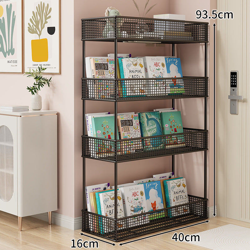 Freestanding Four‑Tier Metal Mesh Book and Display Shelf Rack