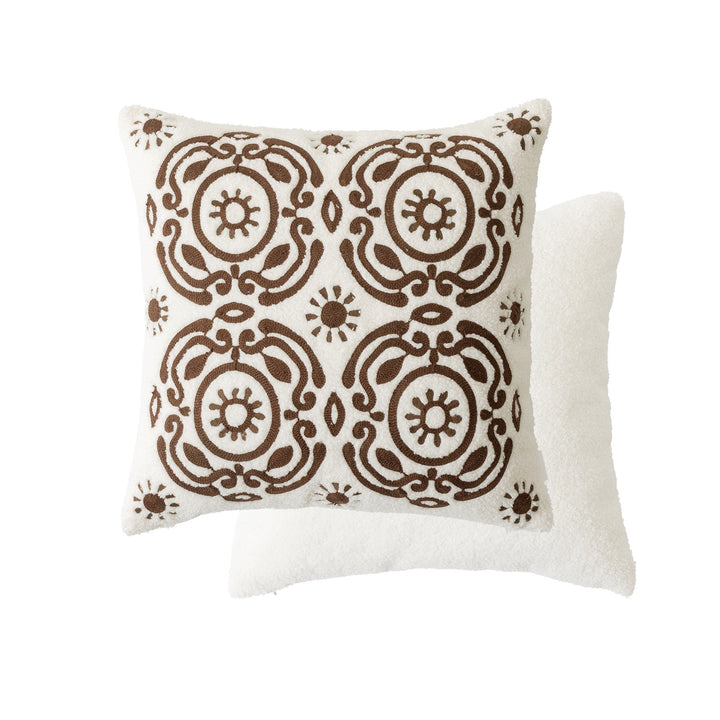 Bouclé pillow with hand-stitched ethnic design and removable cover Kalsten