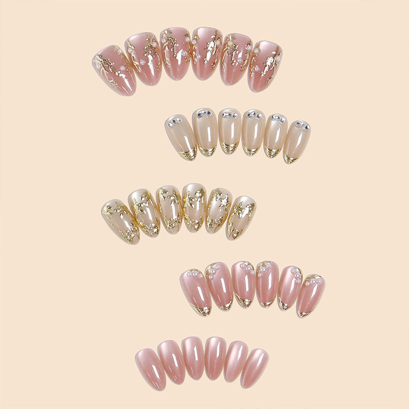Artificial Nail Set with Elegant Gold Accent and Rhinestone Decorations Kalsten