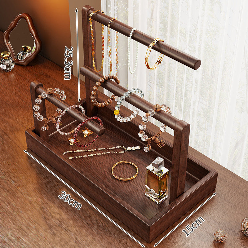 Wooden Tiered Jewelry Display Stand with Triple Rods and Catchall Tray