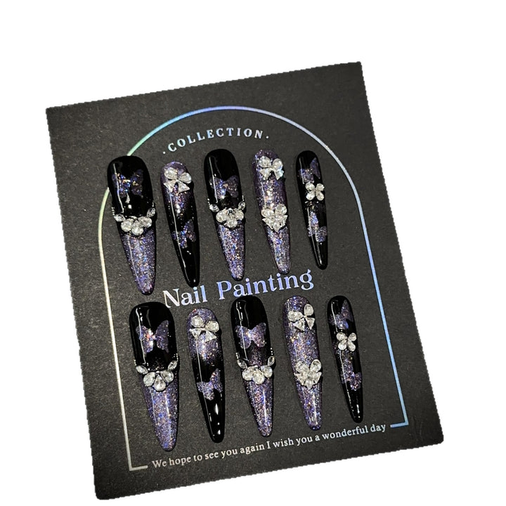 Elegant Stiletto Press-On Nail Art Set with Gemstone Accents