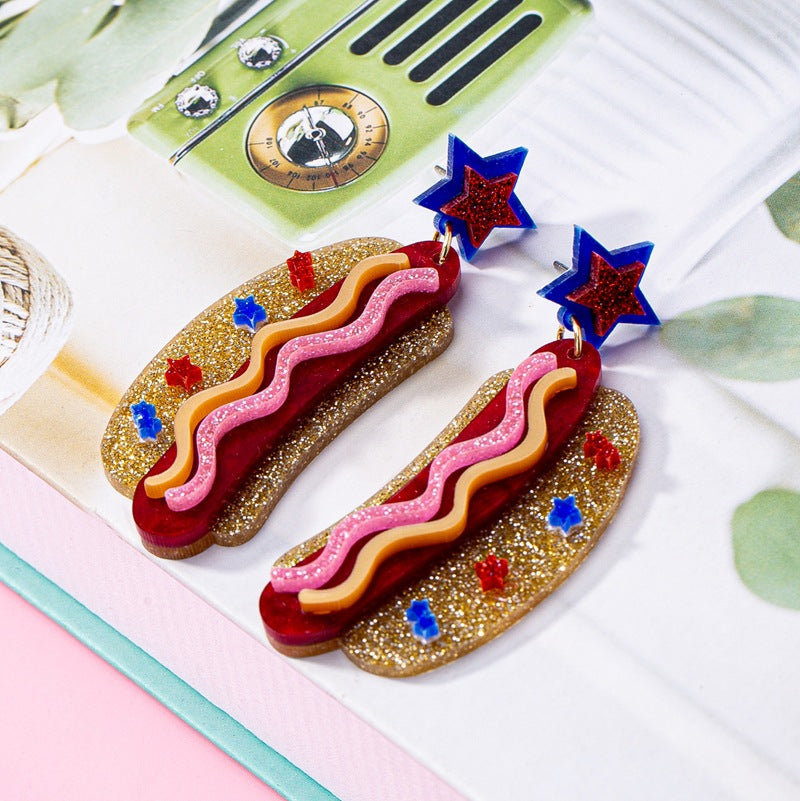 Women's nan novelty glitter hot dog dangle earrings with star stud Kalsten