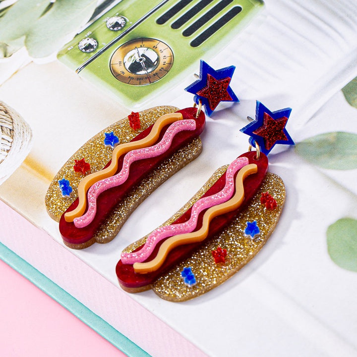 Women's nan novelty glitter hot dog dangle earrings with star stud Kalsten