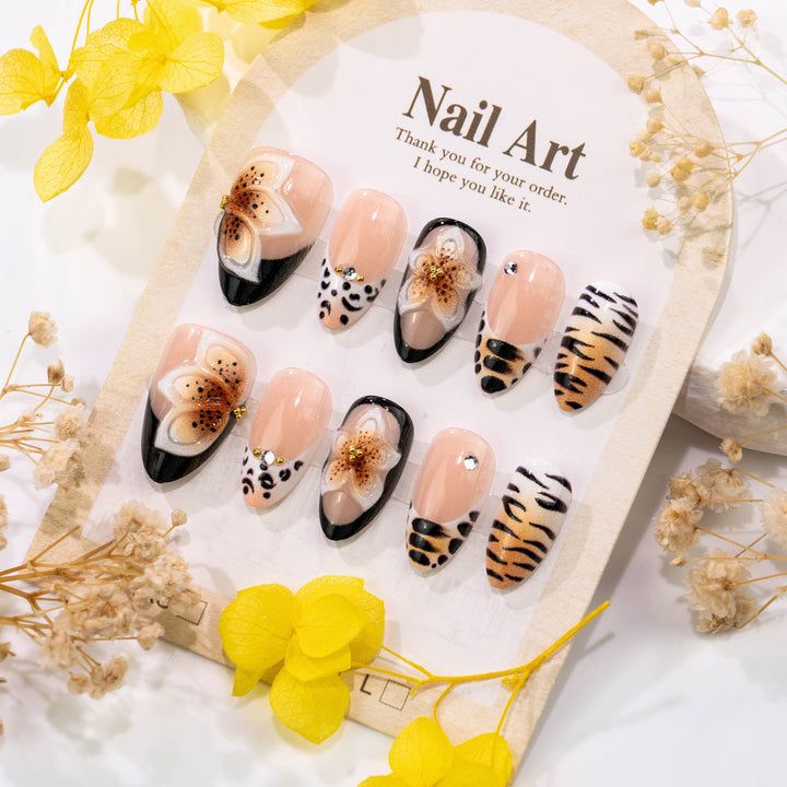 Artistic Press-On Nail Set with Floral and Animal Print Designs