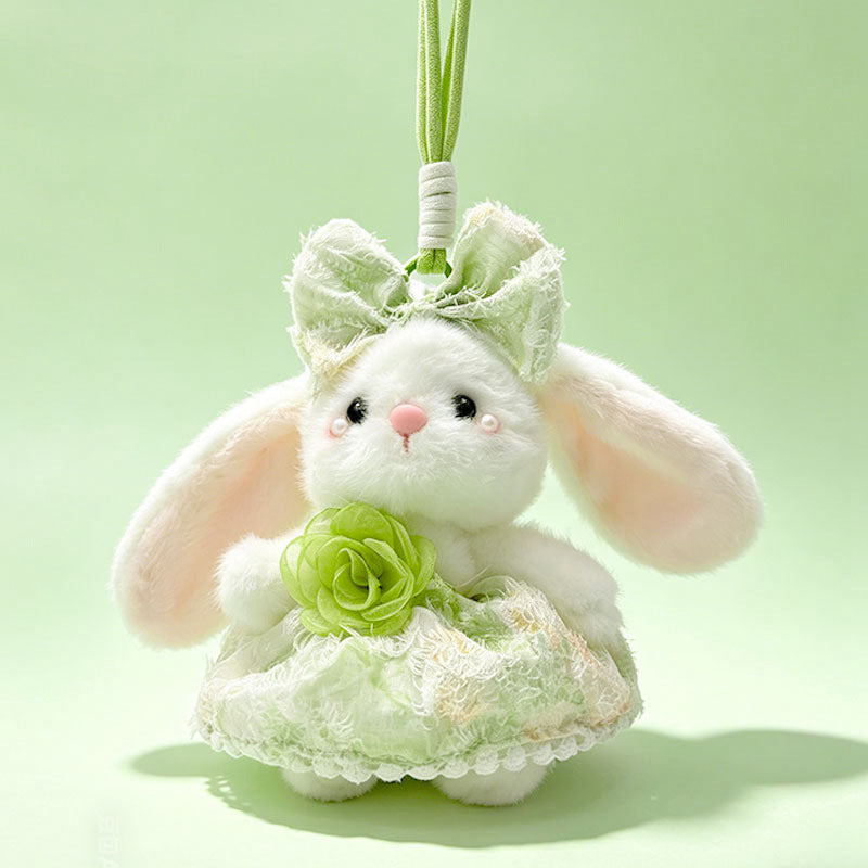 Plush Bunny Bag Charm Keychain with Decorative Bow and Floral Dress Kalsten