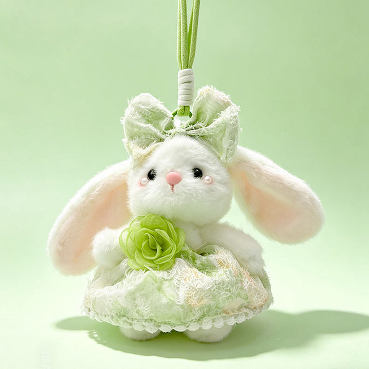 Plush Bunny Bag Charm Keychain with Decorative Bow and Floral Dress Kalsten