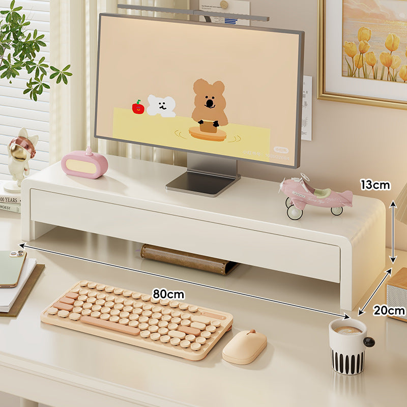 Wide Solid Wood Curved Desktop Monitor Stand Riser with Under-Shelf Storage