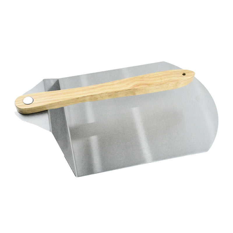 large round stainless steel pizza paddle with beveled edge and full-length wooden handle Kalsten