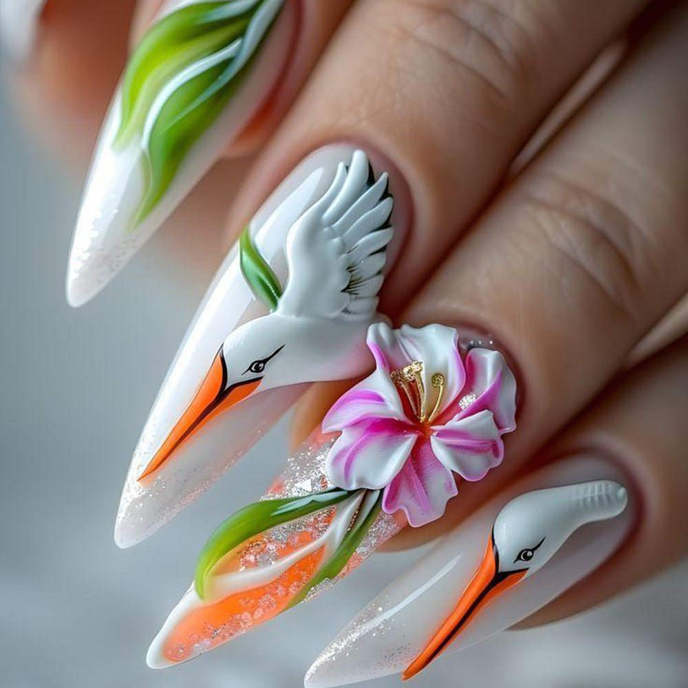 Artificial Nail Set with Floral Stork Design Kalsten
