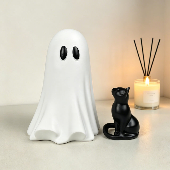 Sculptural decorative figure ghost with cat relief for shelf and sideboard