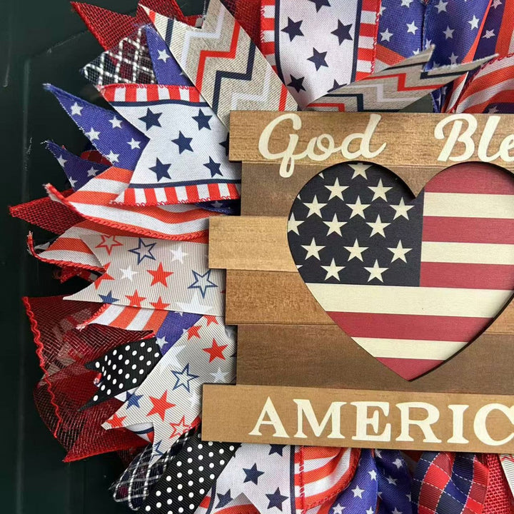 Unisex nan Patriotic Americana Decorative Front Door Wreath with Burlap Mesh Ribbon and Wooden Heart Plaque Kalsten