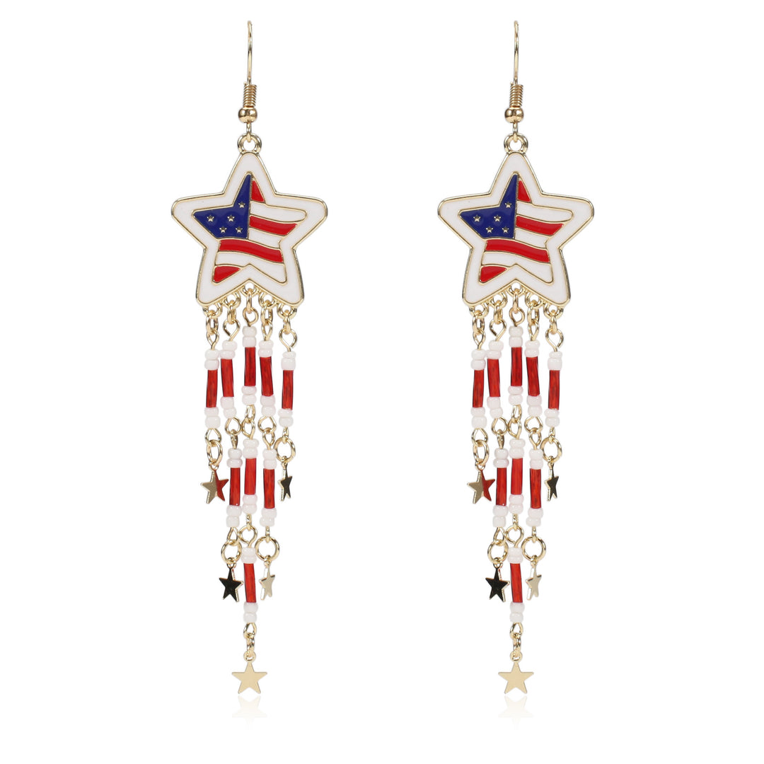 Women's nan long beaded fringe dangle earrings with enamel flag medallion and crystal drops Kalsten