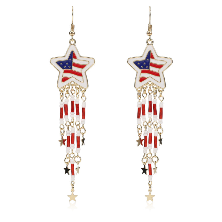 Women's nan long beaded fringe dangle earrings with enamel flag medallion and crystal drops Kalsten